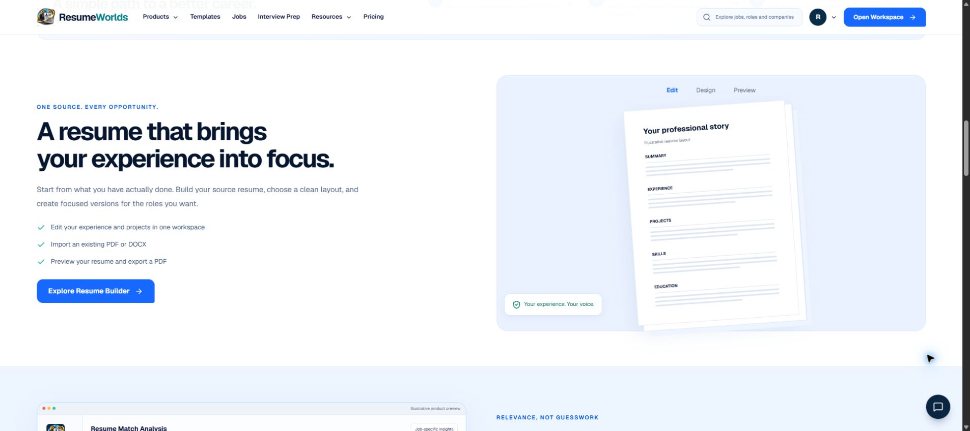 ResumeWorlds resume builder overview with editing, design and document preview