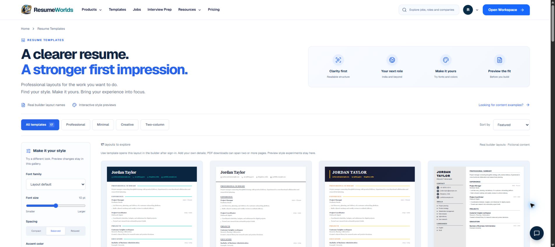 ResumeWorlds template gallery with professional layouts and style controls